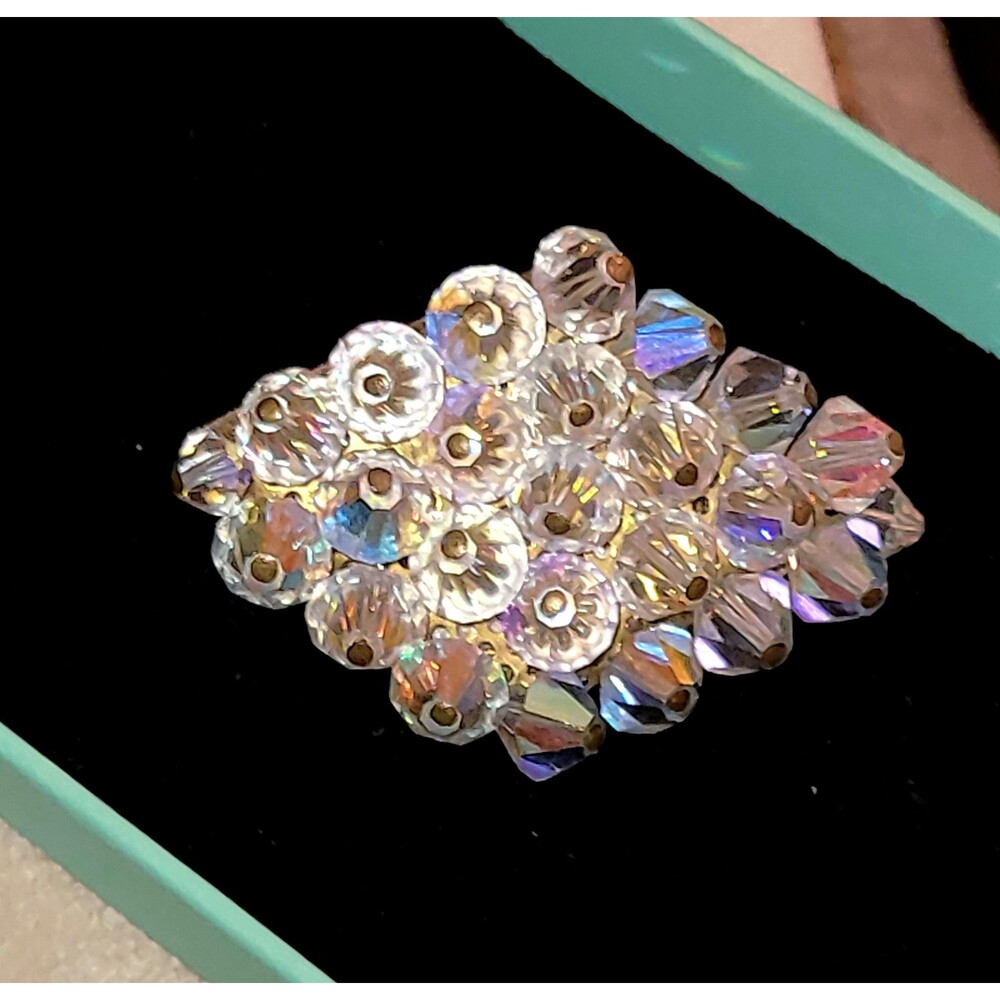 Aurora Borealis Crystals Diamond Shape Cluster Beaded Brooch - Vintage Beautiful
